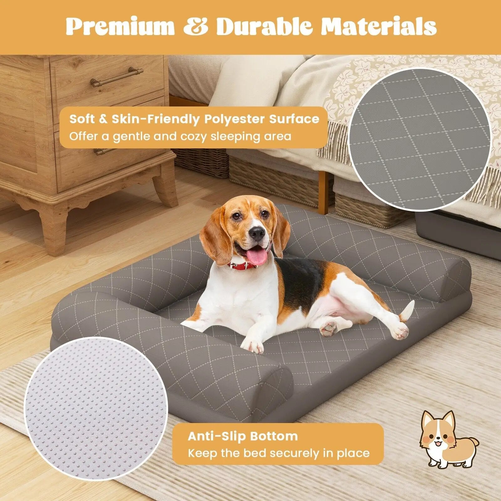 Orthopedic Dog Bed Grey for Small & Medium Dogs – Supportive Egg-Crate Foam Crate Mat with 3-Sided Bolster for Joint Relief & Comfort