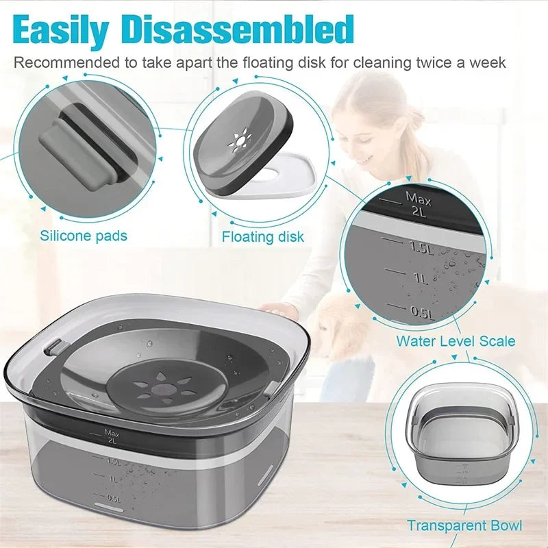2L Dog Water Bowl – Clear No Spill Floating Design, Anti-Wet Mouth Pet Bowl for Dogs and Cats, Large Capacity Drinker