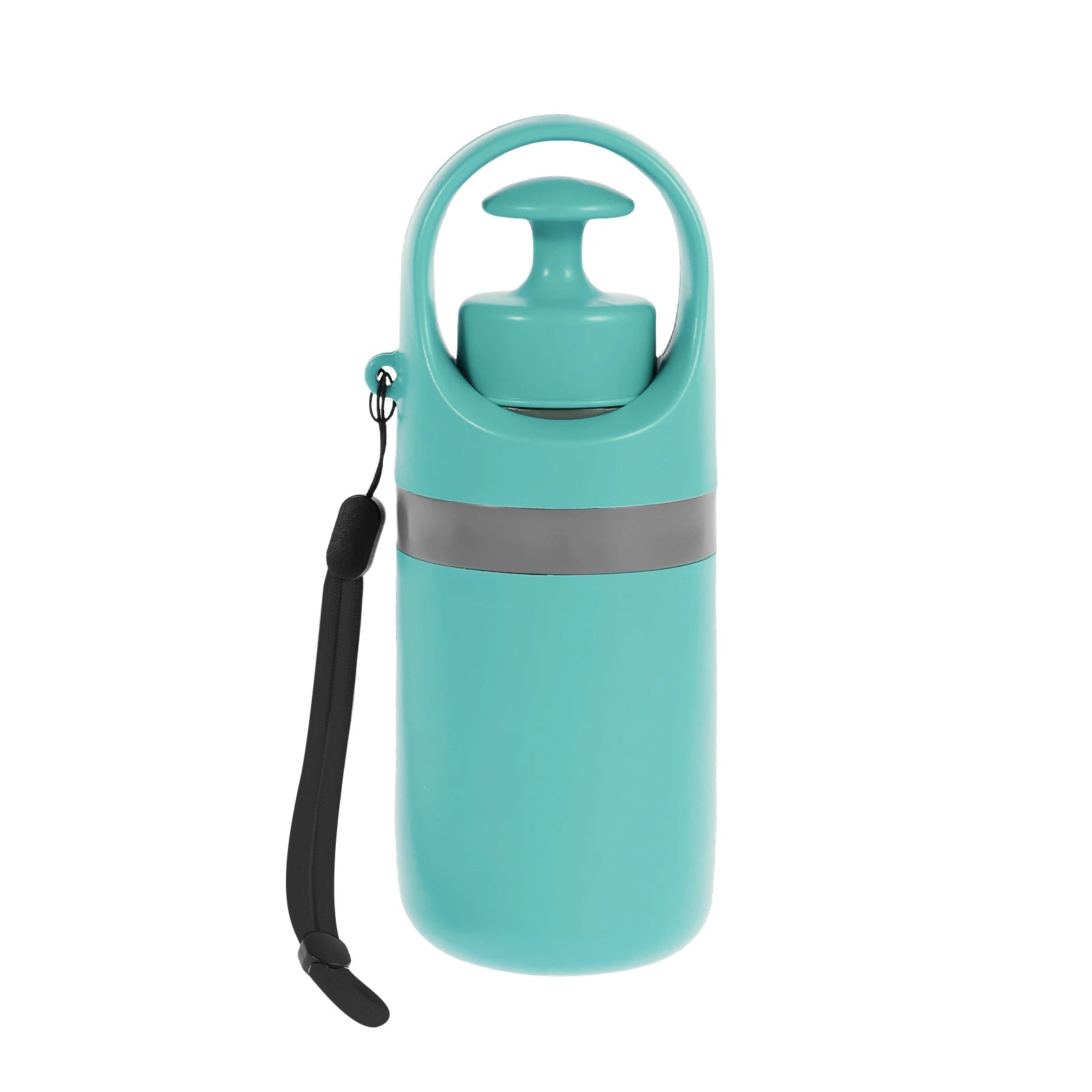Turquoise water bottle with a black strap on a white background