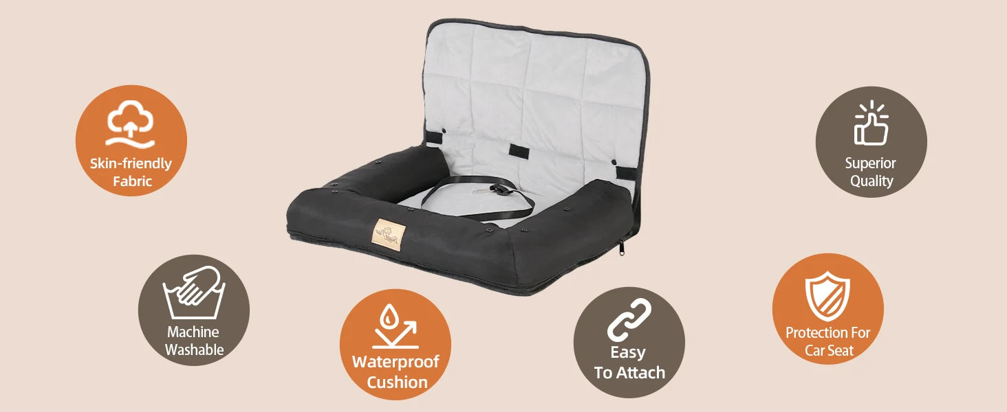 Pet car seat with features highlighted on a beige background