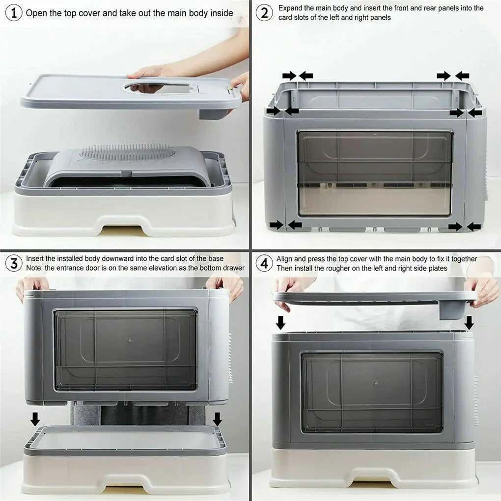 Foldable Cat Litter Box with Front Entry, Top Exit, Scoop & Grooming Massager – Enclosed Kitty Toilet