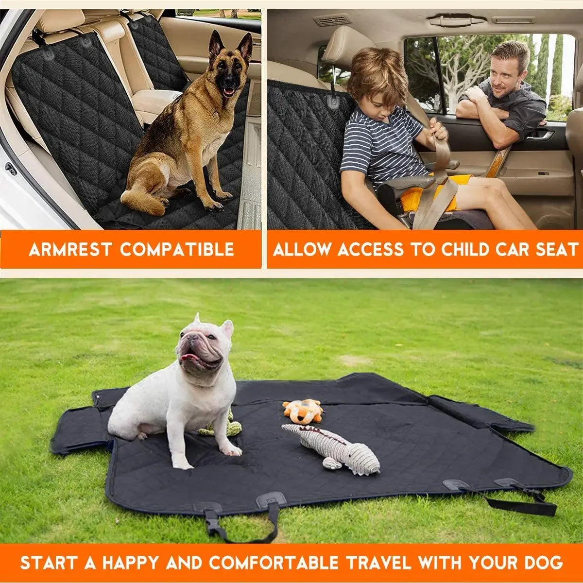 Waterproof Dog Car Seat Cover Hammock – Black Rear Seat Protector with Shoulder Strap | Dirt-Resistant Pet Travel Mat for SUVs, Trucks & Cars