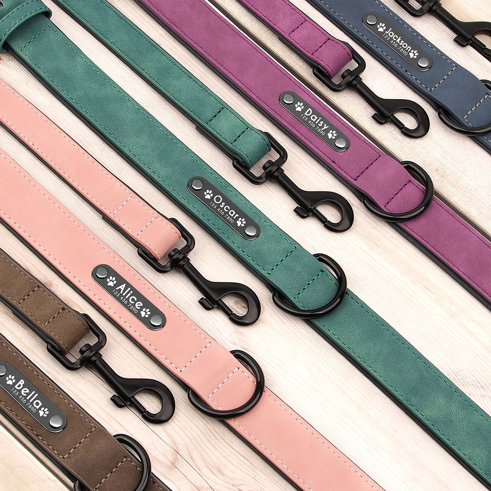 Personalized Dog Collar and Leash Set - Custom Leather ID Collar with Engraving for Small, Medium, and Large Dogs