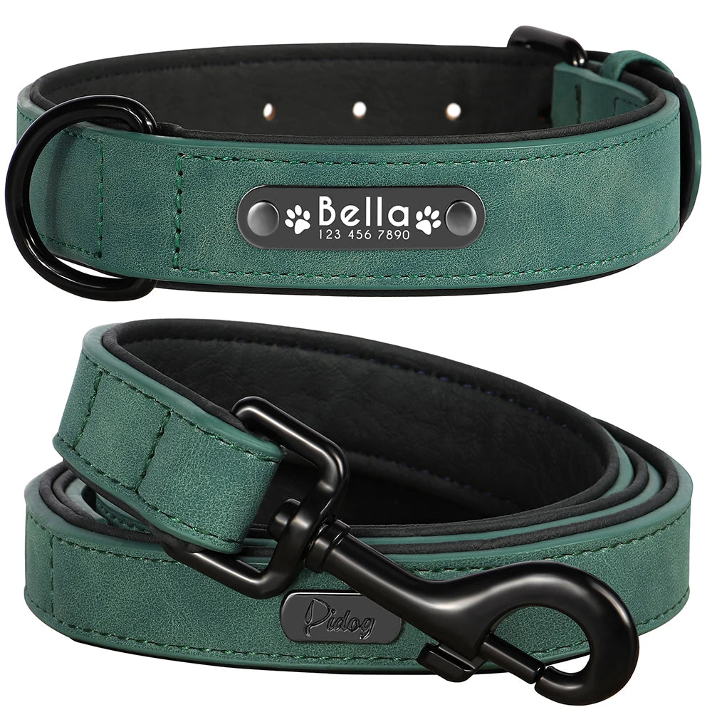 Personalized Dog Collar and Leash Set - Custom Leather ID Collar with Engraving for Small, Medium, and Large Dogs