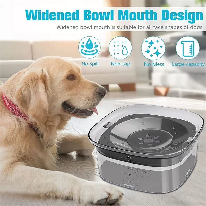 2L Dog Water Bowl – Clear No Spill Floating Design, Anti-Wet Mouth Pet Bowl for Dogs and Cats, Large Capacity Drinker