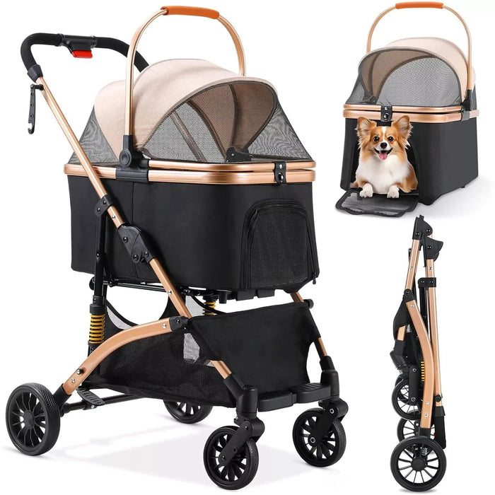 Premium 2-in-1 Dog Stroller & Transport Box: Foldable, Durable, and Travel-Friendly with Storage Basket and Rubber Wheels