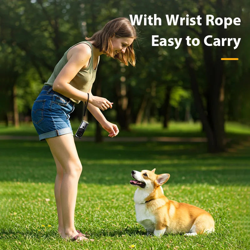 Woman with a dog in a park, with text 'With Wrist Rope Easy to Carry' on a green background
