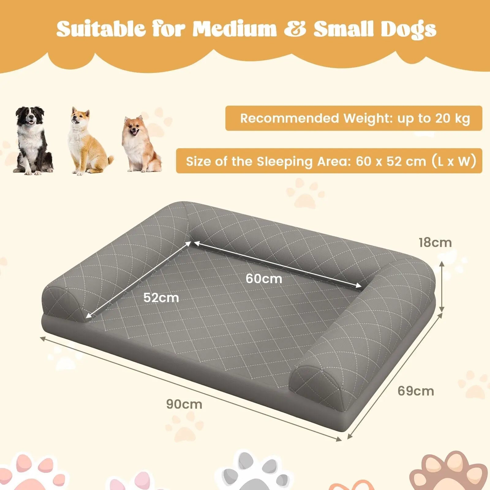 Orthopedic Dog Bed Grey for Small & Medium Dogs – Supportive Egg-Crate Foam Crate Mat with 3-Sided Bolster for Joint Relief & Comfort