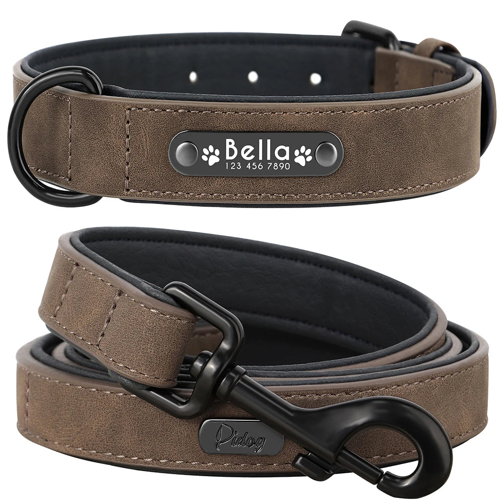 Personalized Dog Collar and Leash Set - Custom Leather ID Collar with Engraving for Small, Medium, and Large Dogs