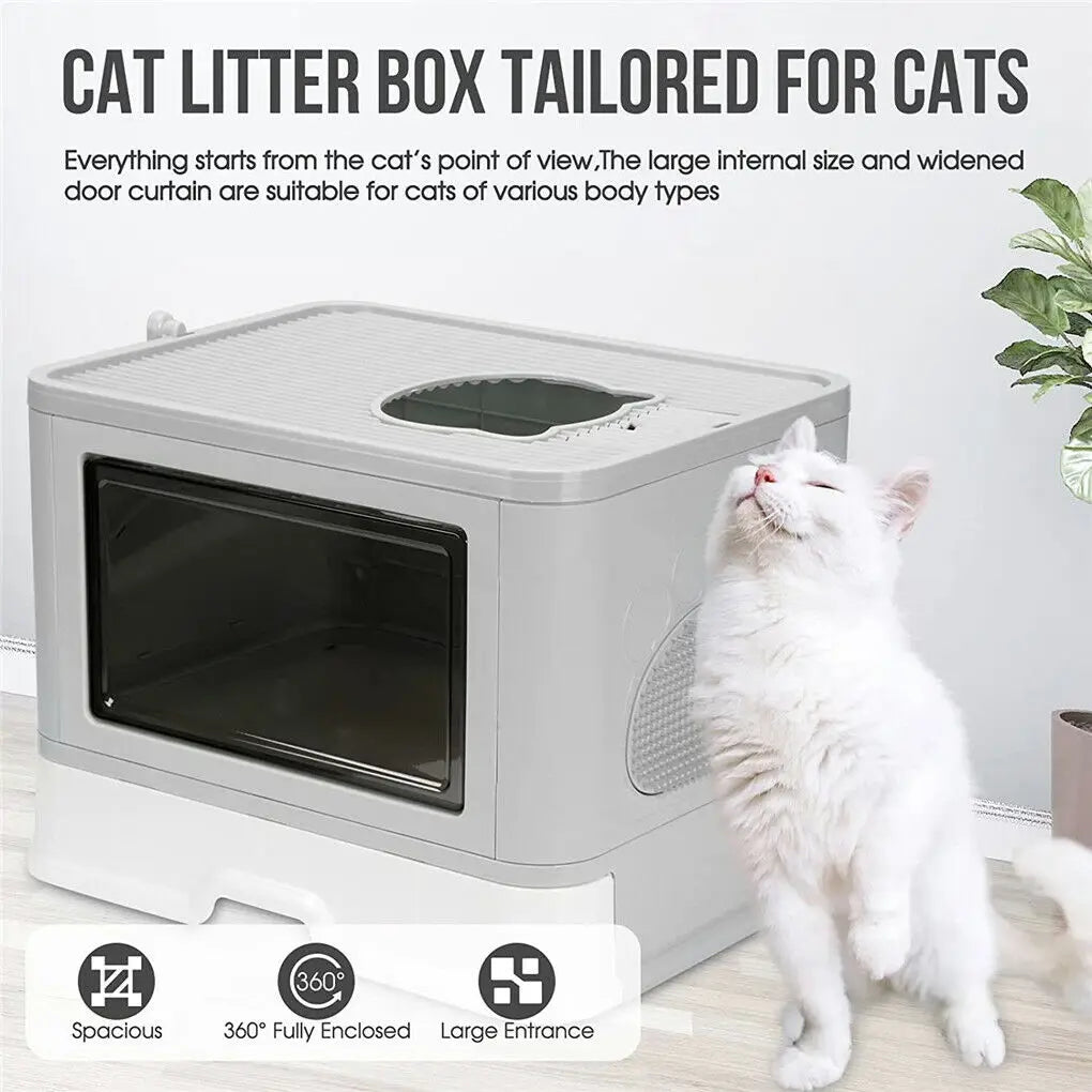 Foldable Cat Litter Box with Front Entry, Top Exit, Scoop & Grooming Massager – Enclosed Kitty Toilet