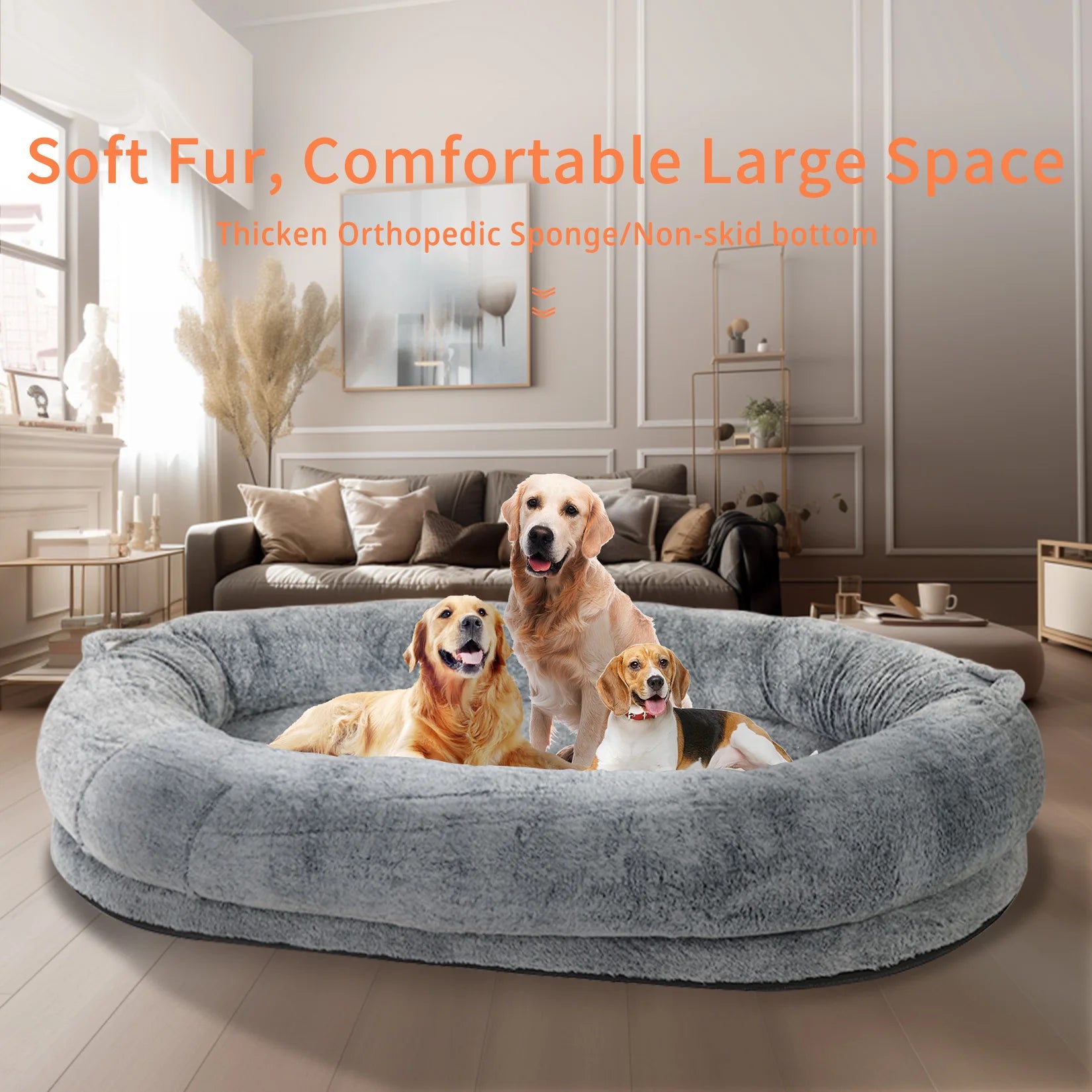 Ultimate Comfort Large Human Dog Bed 66"x43"x17" – Human-Sized Big Dog Bed for Adults & Pets, Giant Beanbag with Washable Fur Cover & Blanket