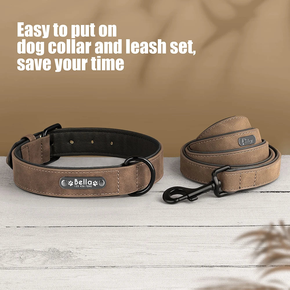 Personalized Dog Collar and Leash Set - Custom Leather ID Collar with Engraving for Small, Medium, and Large Dogs