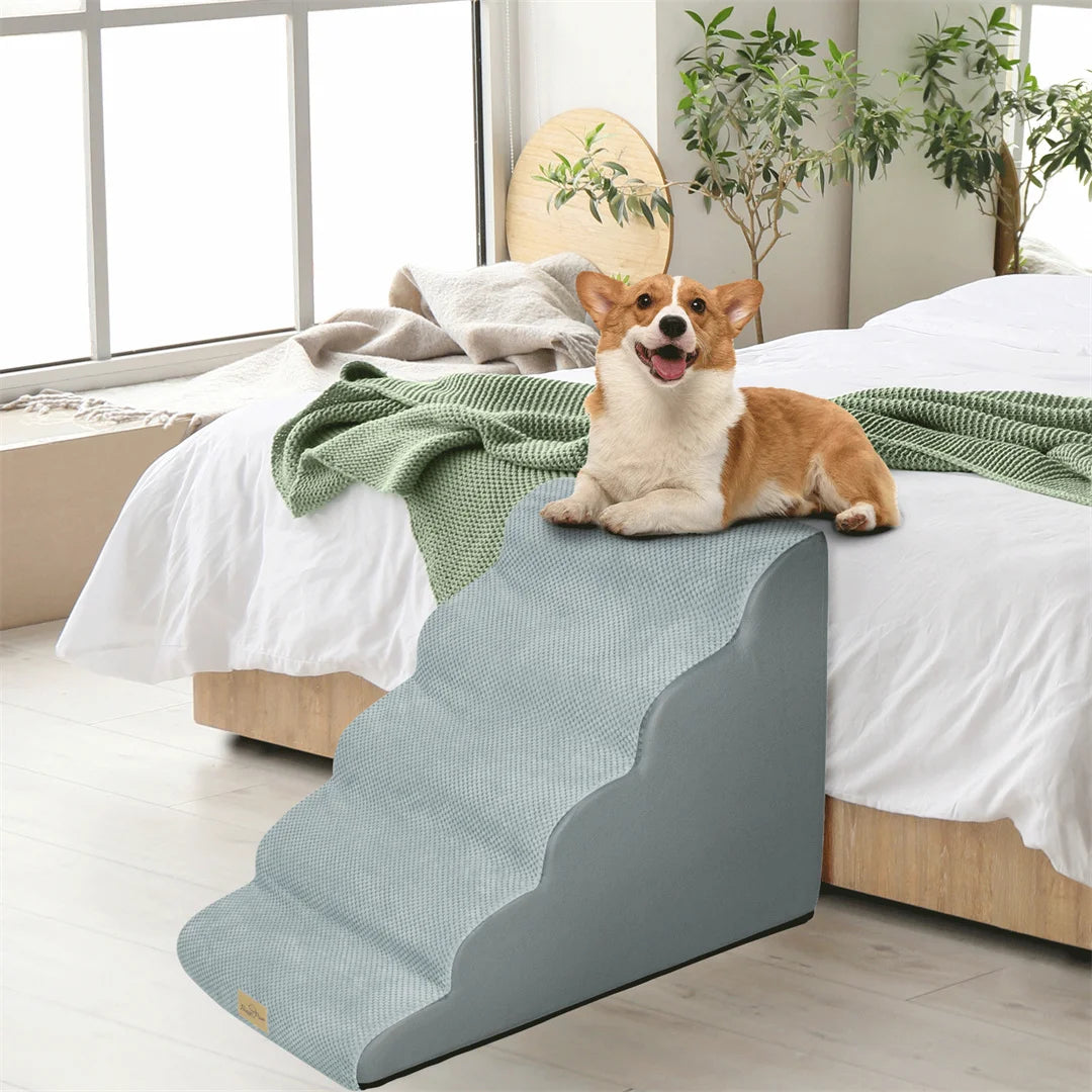 Pet Dog Stairs for High Beds & Sofas – Soft Foam Steps with Washable Cover for Small Dogs & Puppies
