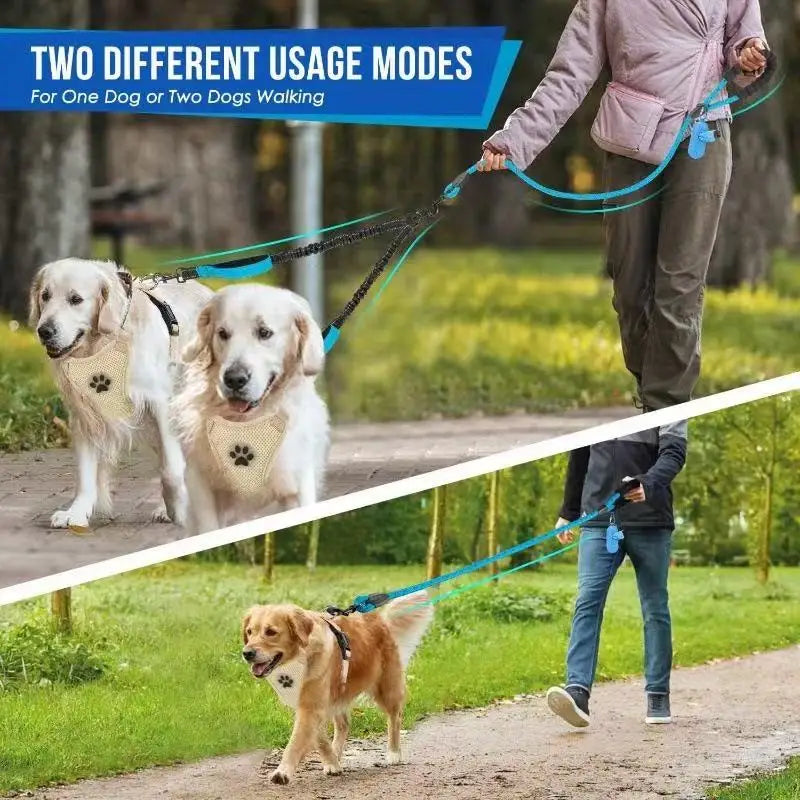 No-Tangle Reflective Double Dog Leash with 360° Swivel – Dual Bungee Leash with Two Traffic Handles for Large Dogs