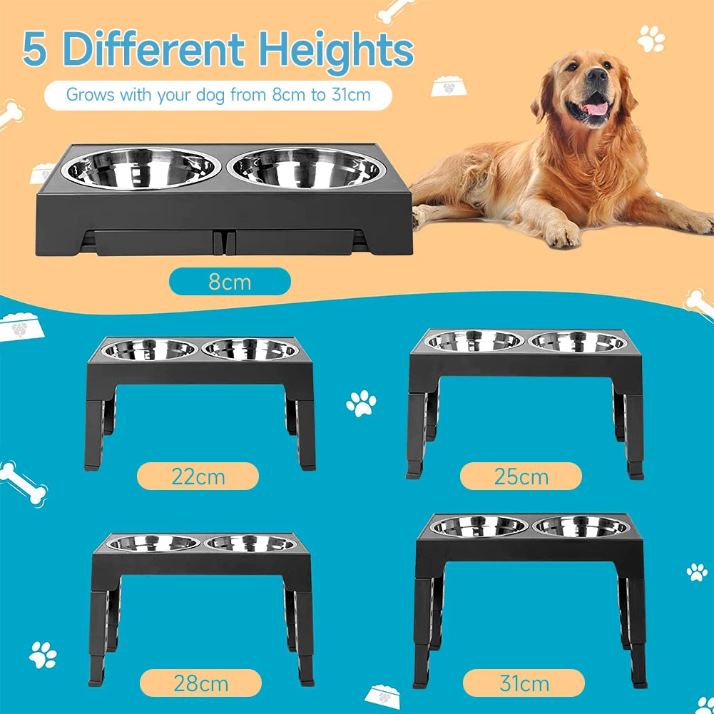 Adjustable Elevated Dog Feeder with 2 Stainless Steel Bowls – Foldable Raised Pet Bowl Stand for Small to Large Dogs