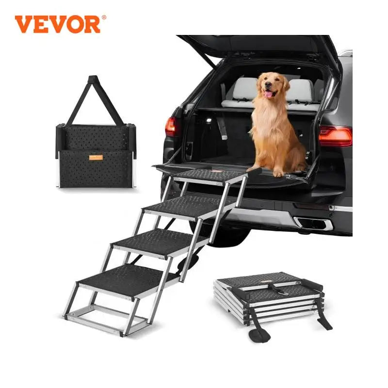 4-Step Folding Dog Car Stairs – Extra Wide, Lightweight Aluminum Pet Steps for SUVs, Trucks & Cars – Supports Up to 150 lbs | VEVOR