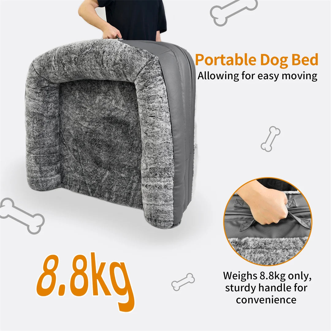 Portable dog bed with handle and weight information on a white background.