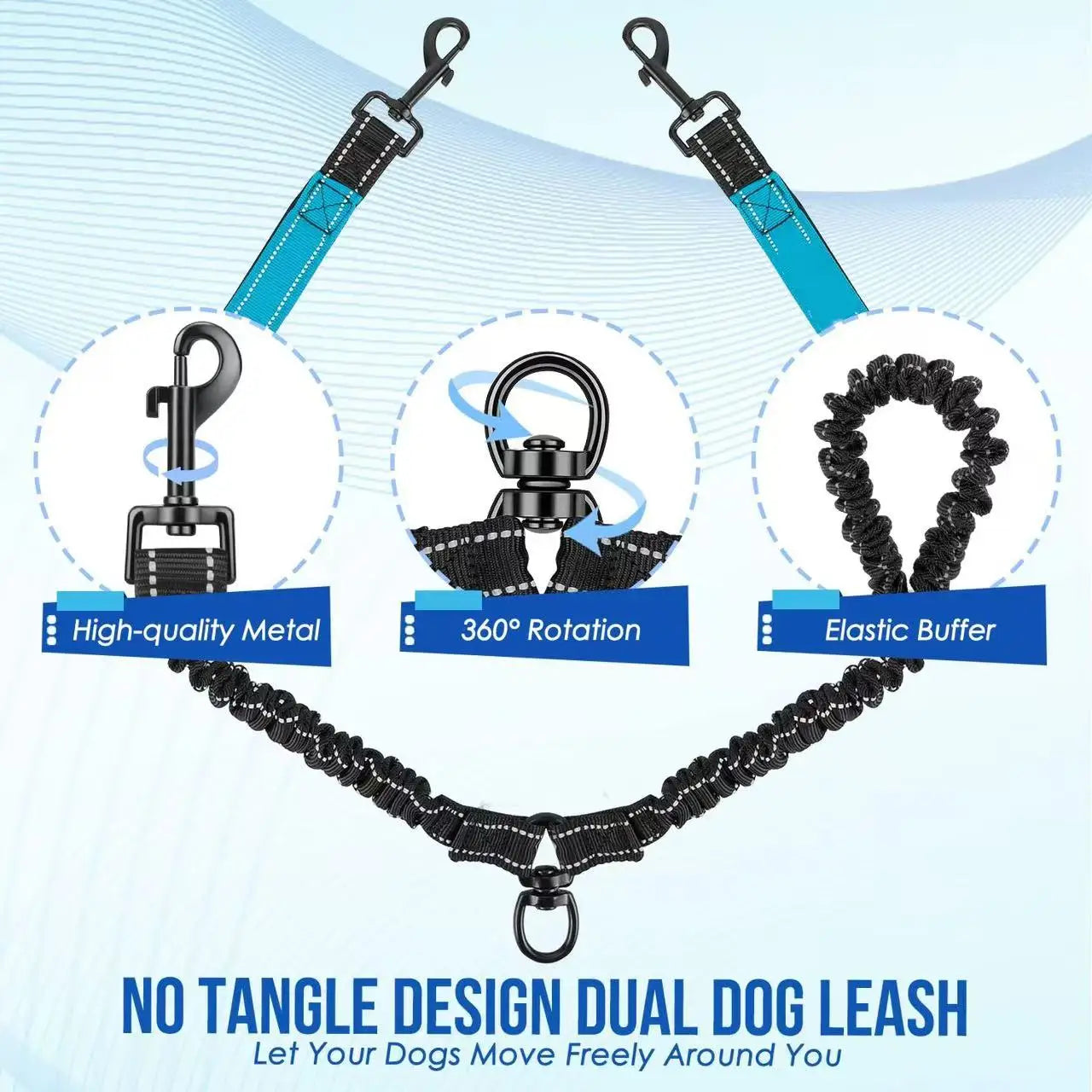 No-Tangle Reflective Double Dog Leash with 360° Swivel – Dual Bungee Leash with Two Traffic Handles for Large Dogs