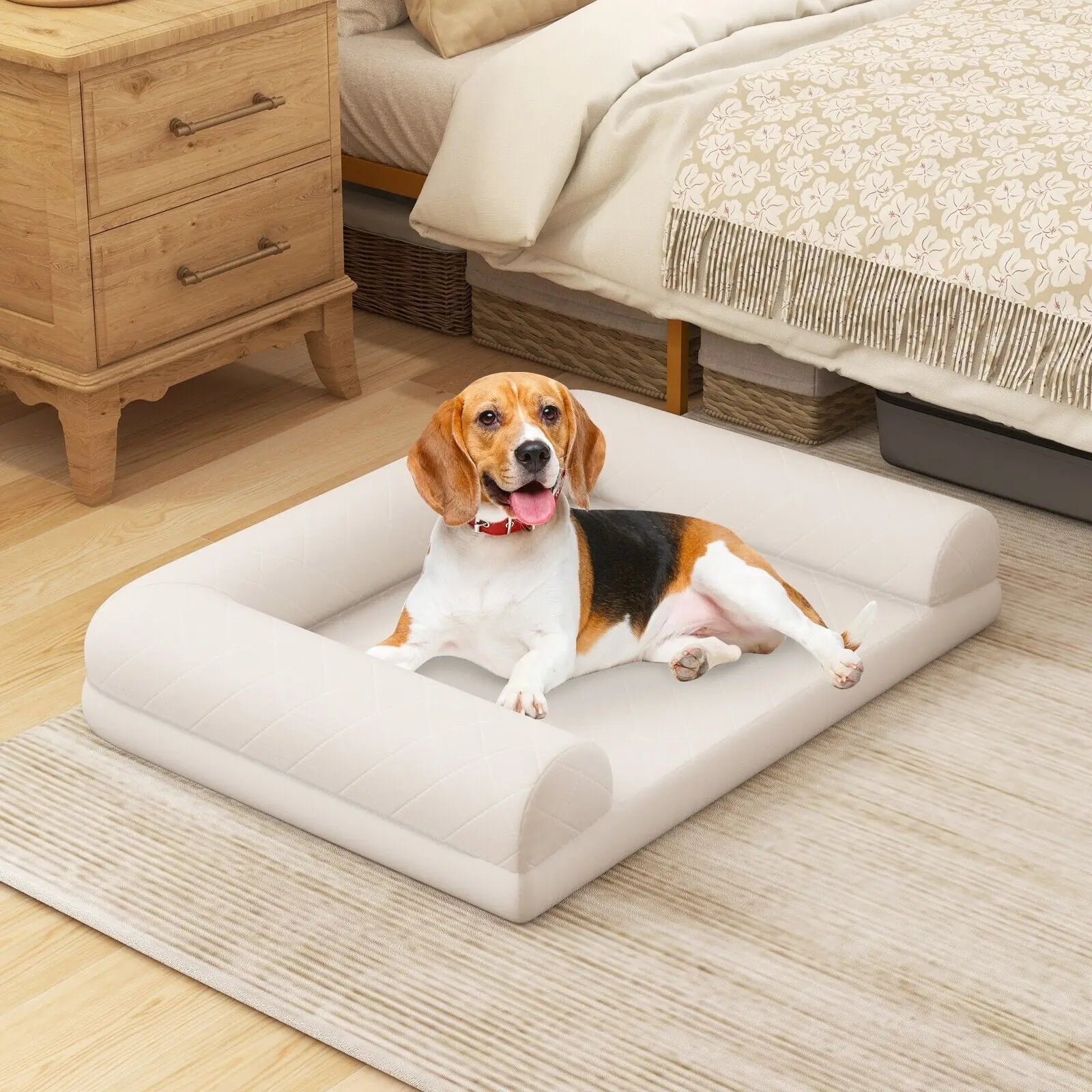 Orthopedic Dog Bed Beige for Small & Medium Dogs – Supportive Egg-Crate Foam Crate Mat with 3-Sided Bolster for Joint Relief & Comfort