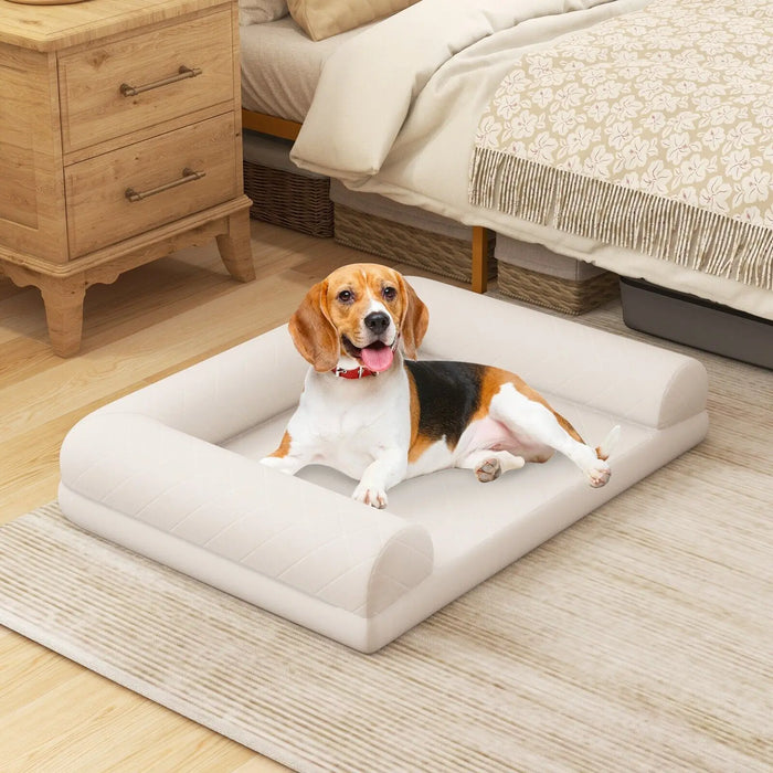 Orthopedic Dog Bed Beige for Small & Medium Dogs – Supportive Egg-Crate Foam Crate Mat with 3-Sided Bolster for Joint Relief & Comfort