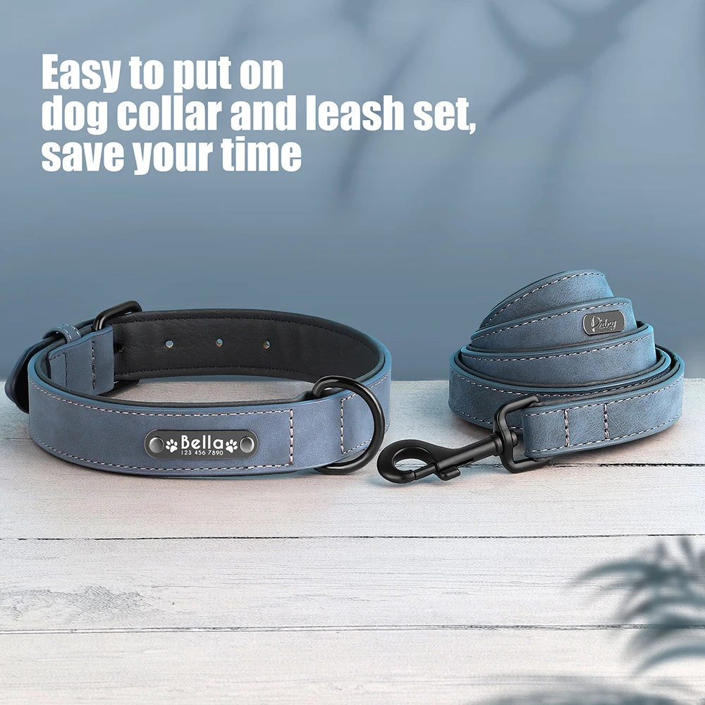 Personalized Dog Collar and Leash Set - Custom Leather ID Collar with Engraving for Small, Medium, and Large Dogs