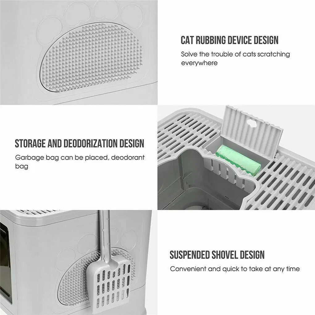 Foldable Cat Litter Box with Front Entry, Top Exit, Scoop & Grooming Massager – Enclosed Kitty Toilet