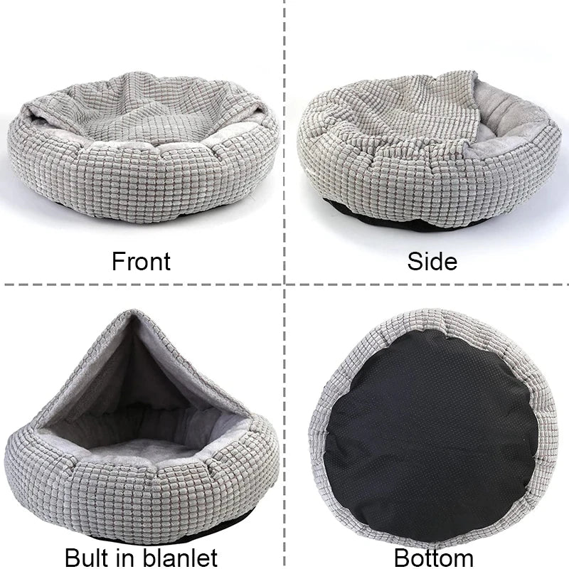 Gray pet bed shown from front, side, with built-in blanket, and bottom views.