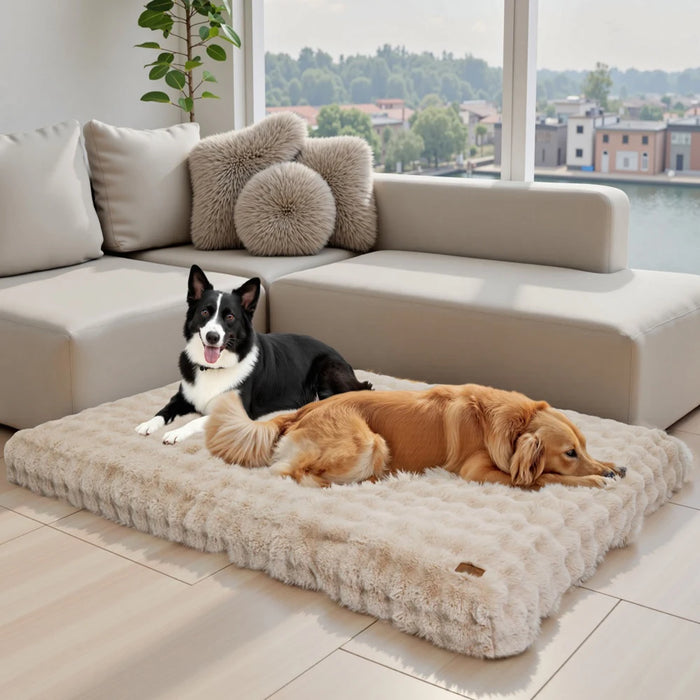 Two dogs on a fluffy pet bed in a modern living room with large windows.