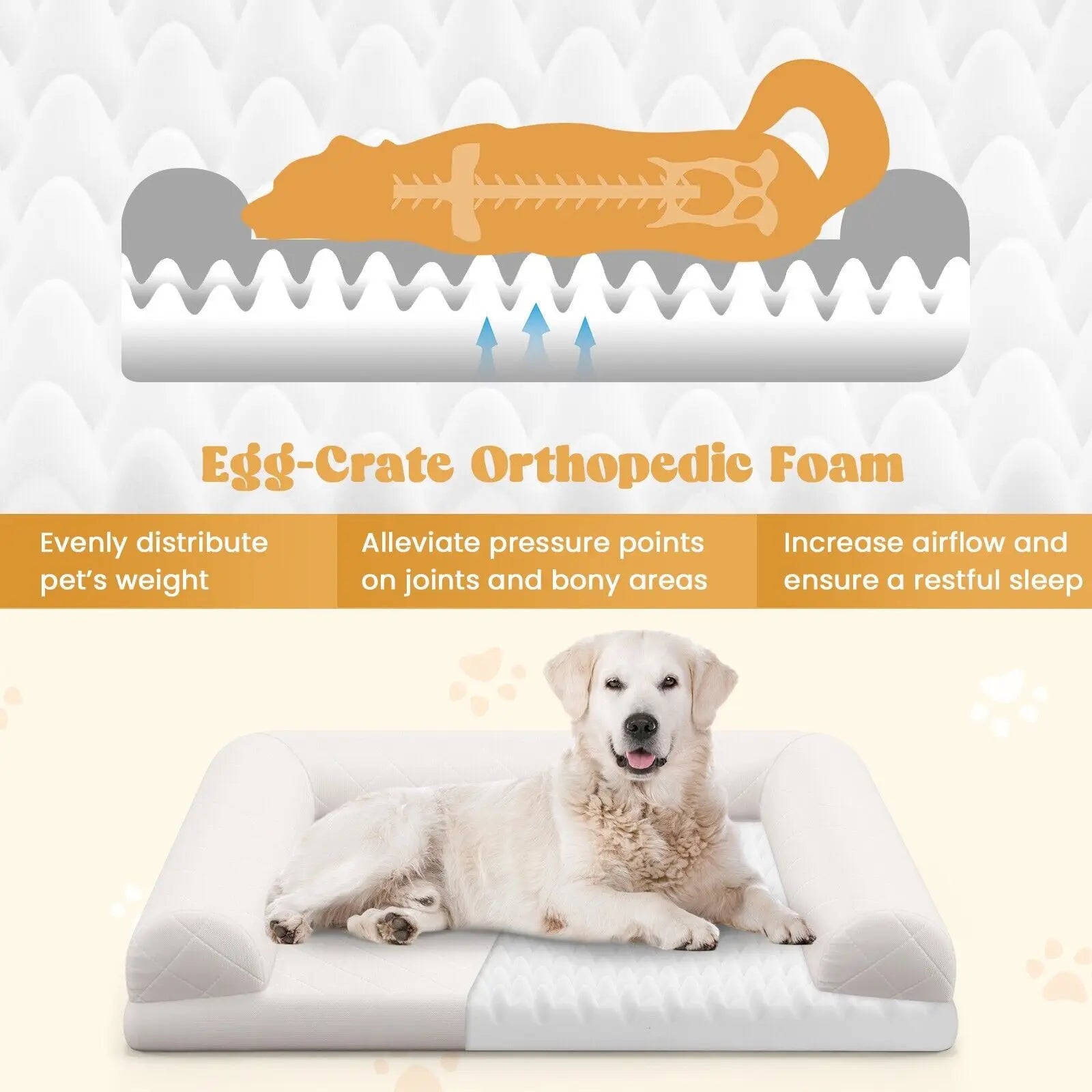 Orthopedic Dog Bed Beige for Small & Medium Dogs – Supportive Egg-Crate Foam Crate Mat with 3-Sided Bolster for Joint Relief & Comfort