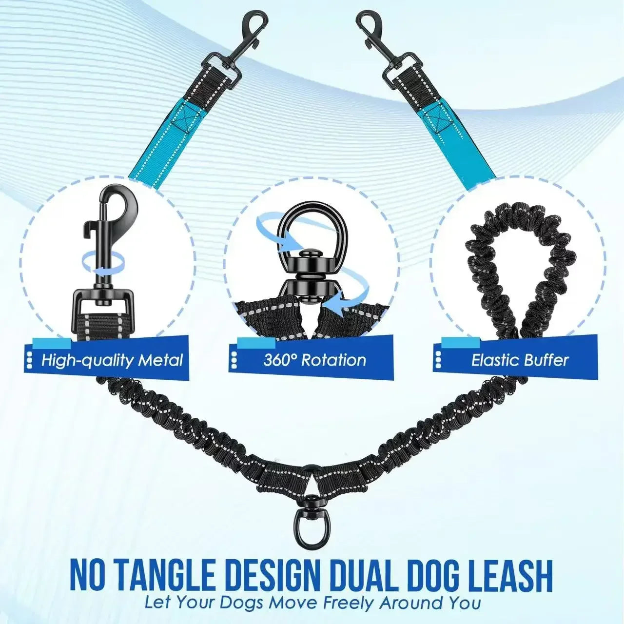 No-Tangle Reflective Double Dog Leash with 360° Swivel – Dual Bungee Leash with Two Traffic Handles for Large Dogs