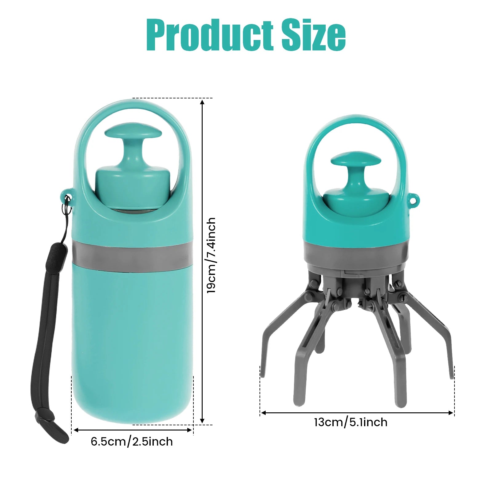 Turquoise water bottle with measurement details on a white background