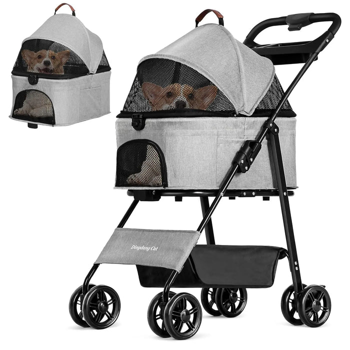 4-Wheel Foldable Pet Stroller for Dogs & Cats – Lightweight Travel Pram with Mesh Ventilation & Safety Harness – Compact & Portable
