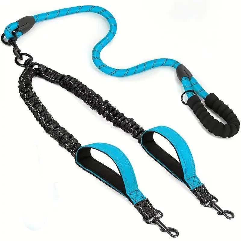 No-Tangle Reflective Double Dog Leash with 360° Swivel – Dual Bungee Leash with Two Traffic Handles for Large Dogs