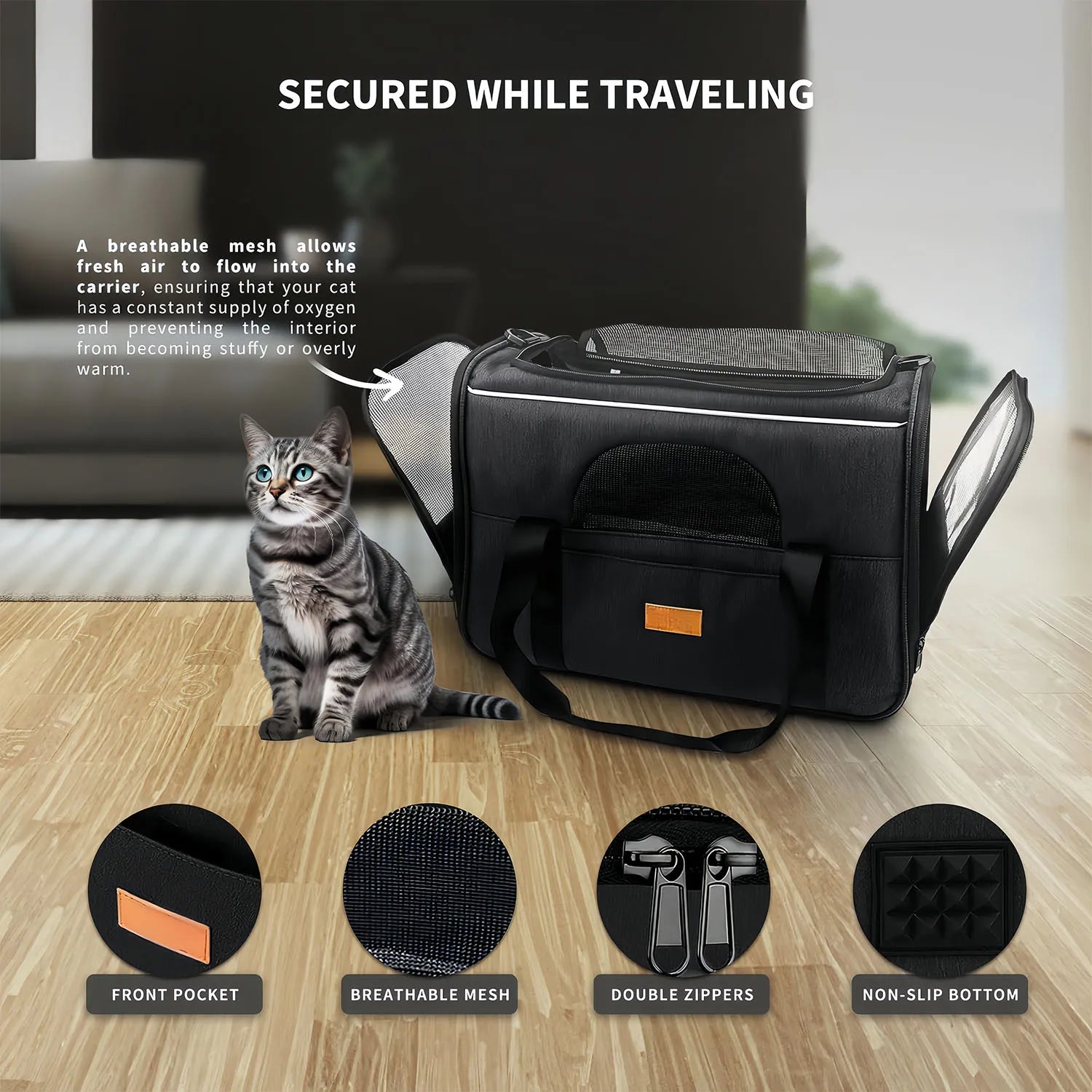 Portable Foldable Cat Carrier – Lightweight Soft-Sided Travel Bag for Cats & Small Pets, Collapsible & Travel-Friendly in Sleek Black