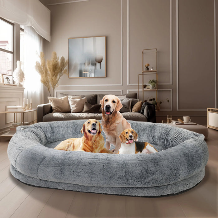 Ultimate Comfort Large Human Dog Bed 66"x43"x17" – Human-Sized Big Dog Bed for Adults & Pets, Giant Beanbag with Washable Fur Cover & Blanket