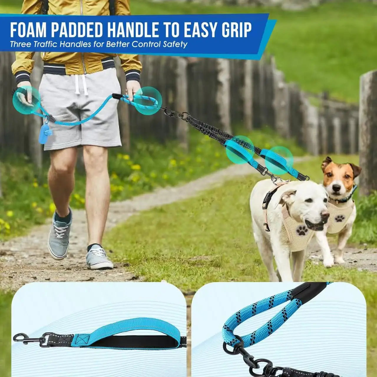 No-Tangle Reflective Double Dog Leash with 360° Swivel – Dual Bungee Leash with Two Traffic Handles for Large Dogs