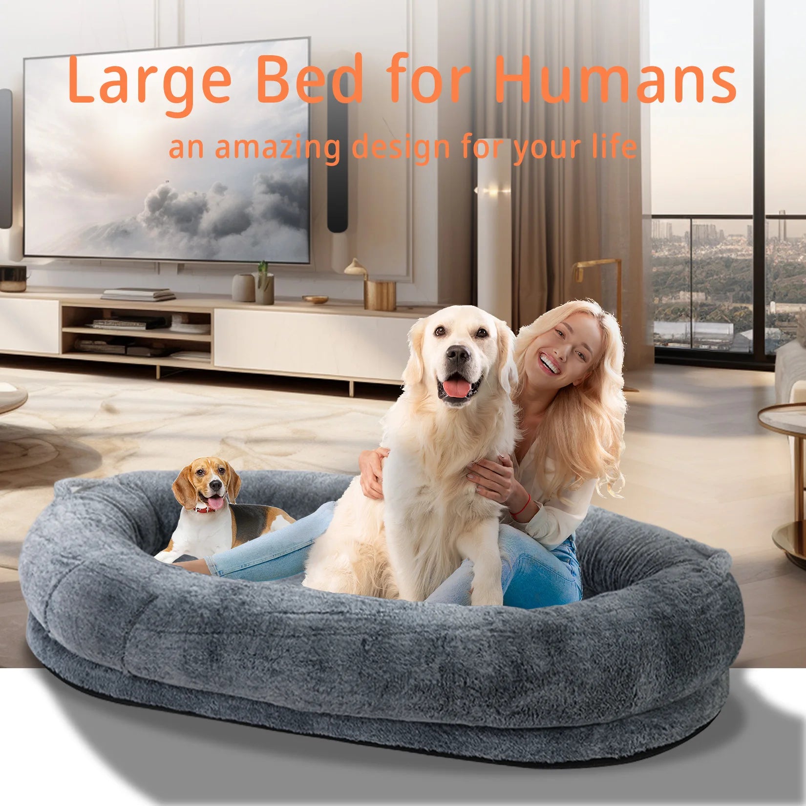 Ultimate Comfort Large Human Dog Bed 66"x43"x17" – Human-Sized Big Dog Bed for Adults & Pets, Giant Beanbag with Washable Fur Cover & Blanket