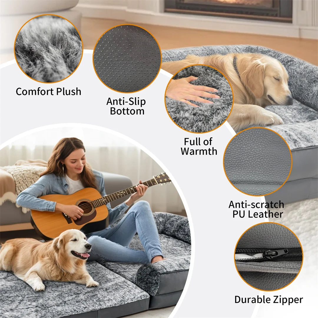 Gray pet sofa with comfort plush, anti-slip bottom, warmth, anti-scratch PU leather, and durable zipper features.