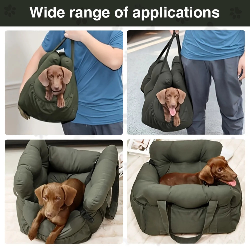 Collage of a green pet carrier with a dog, showing its versatility in different settings.