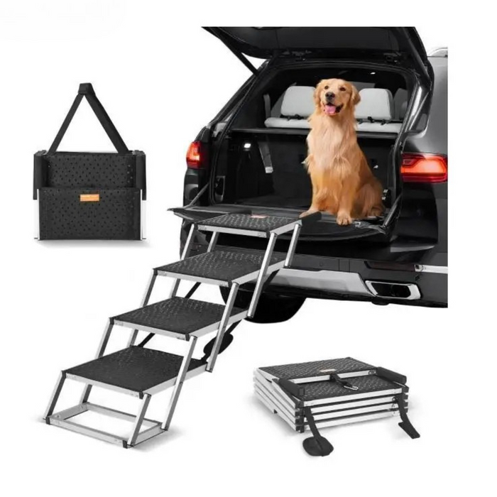 4-Step Folding Dog Car Stairs – Extra Wide, Lightweight Aluminum Pet Steps for SUVs, Trucks & Cars – Supports Up to 150 lbs | VEVOR