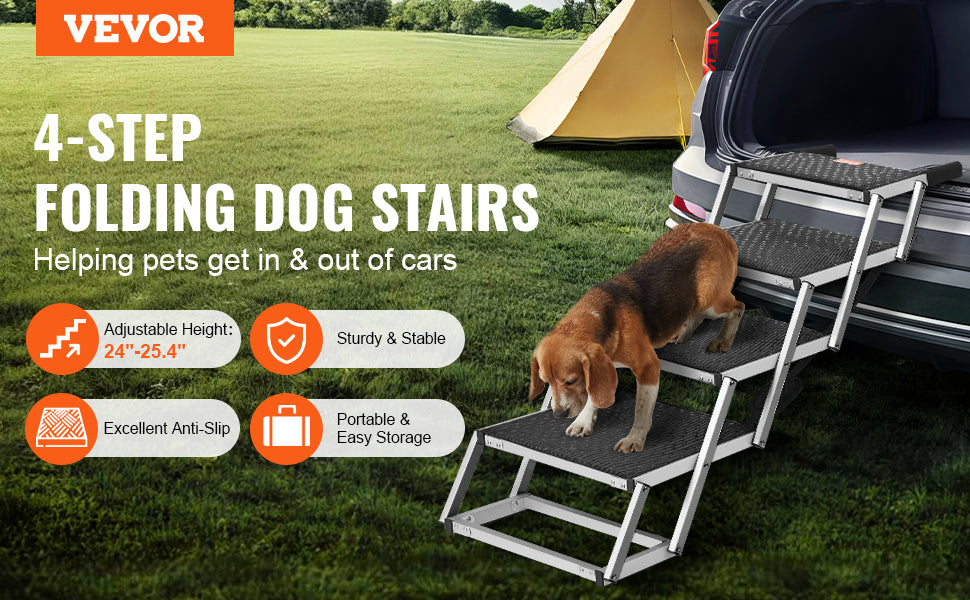 4-Step Folding Dog Car Stairs – Extra Wide, Lightweight Aluminum Pet Steps for SUVs, Trucks & Cars – Supports Up to 150 lbs | VEVOR