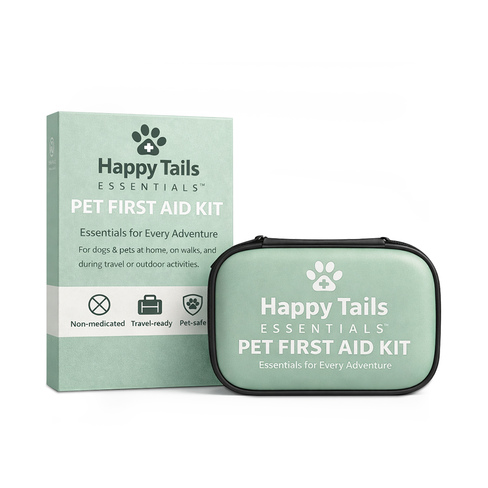 Happy Tails Essentials pet first aid kit with packaging on a white background
