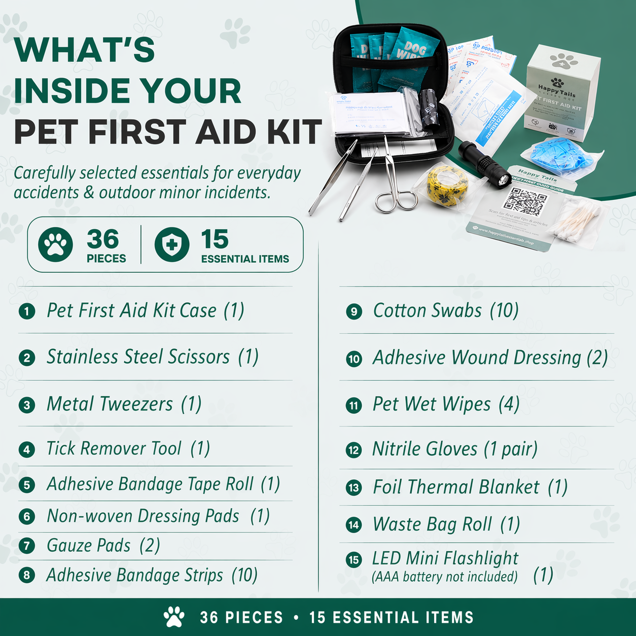 36 piece pet first aid kit contents including bandages wipes and tools