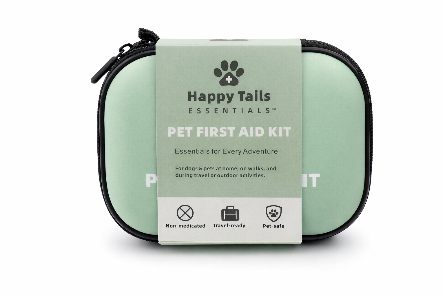 Pet first aid kit with 'Happy Tails Essentials' label on a white background