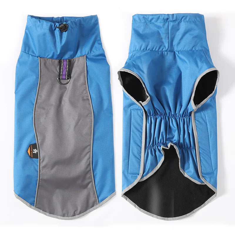 Blue and gray dog coat with black accents on a white background