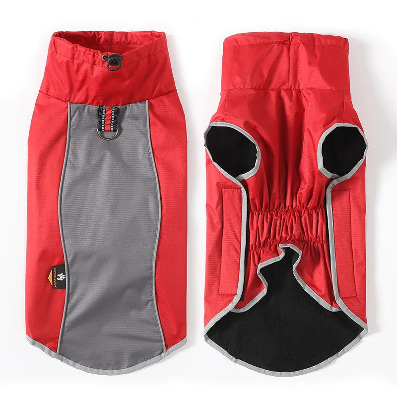 Red and gray dog coat with black accents on a white background