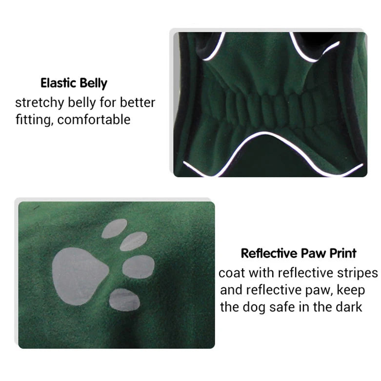 Green dog coat with reflective paw print and belly elastic for better fitting.