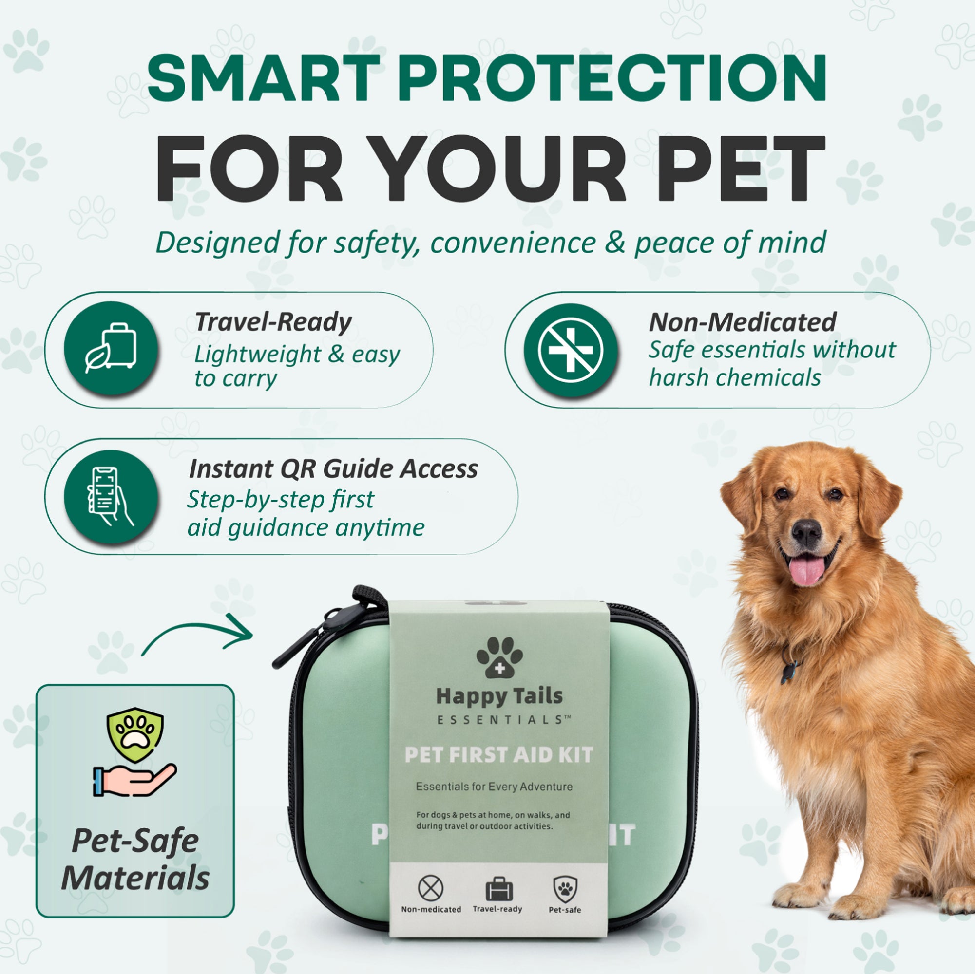 Happy Tails Essentials pet first aid kit with a dog on a light gray background