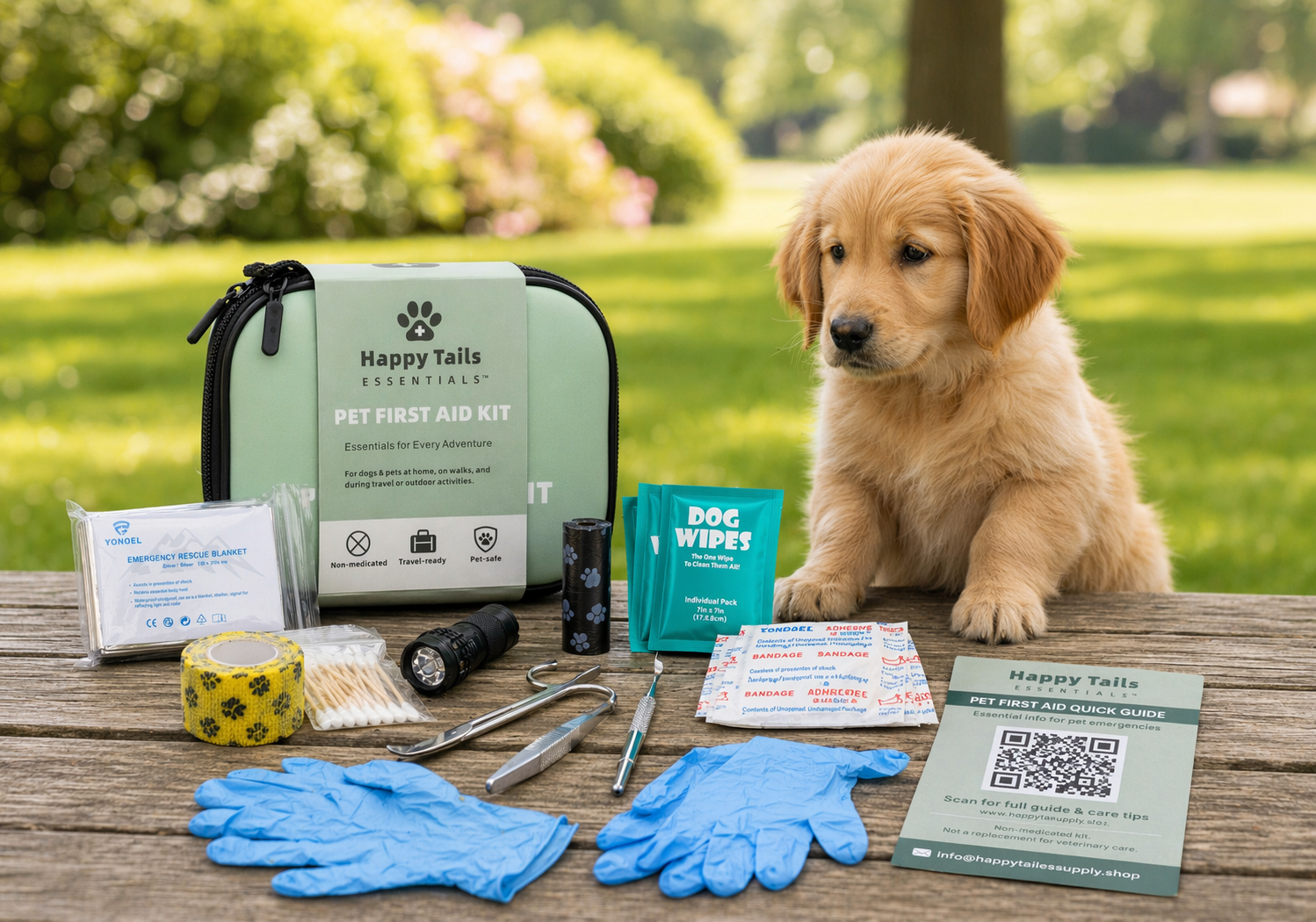 Happy Tales pet first aid kit with a puppy on a wooden table outdoors.