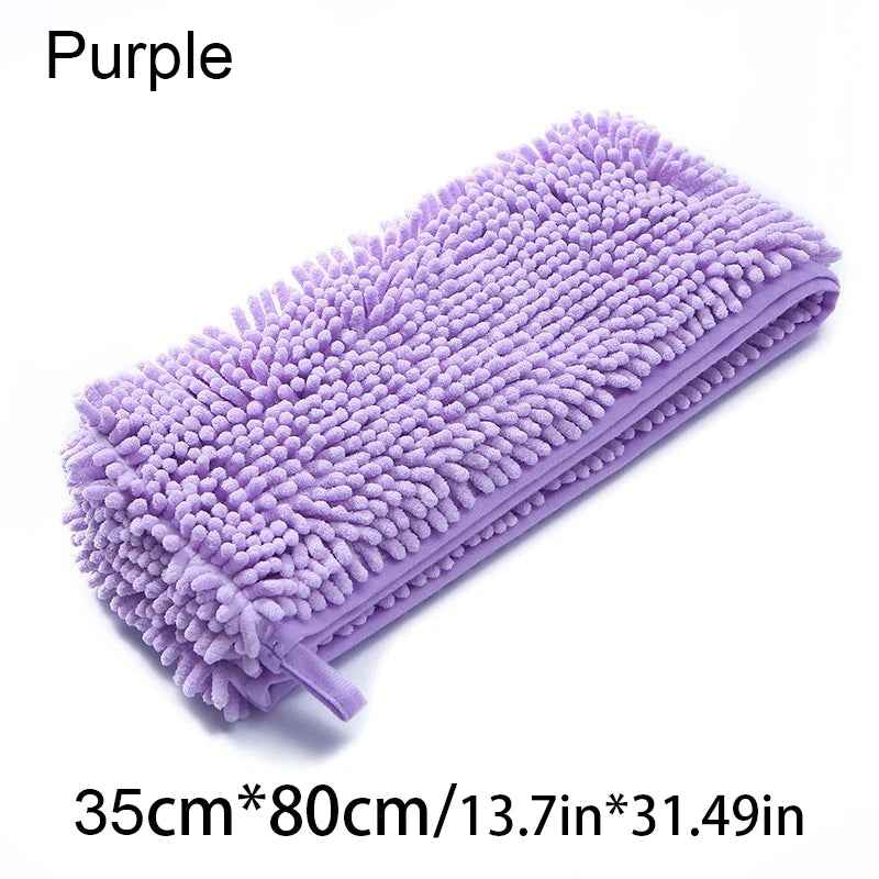 Purple microfiber cleaning pad with dimensions on a white background
